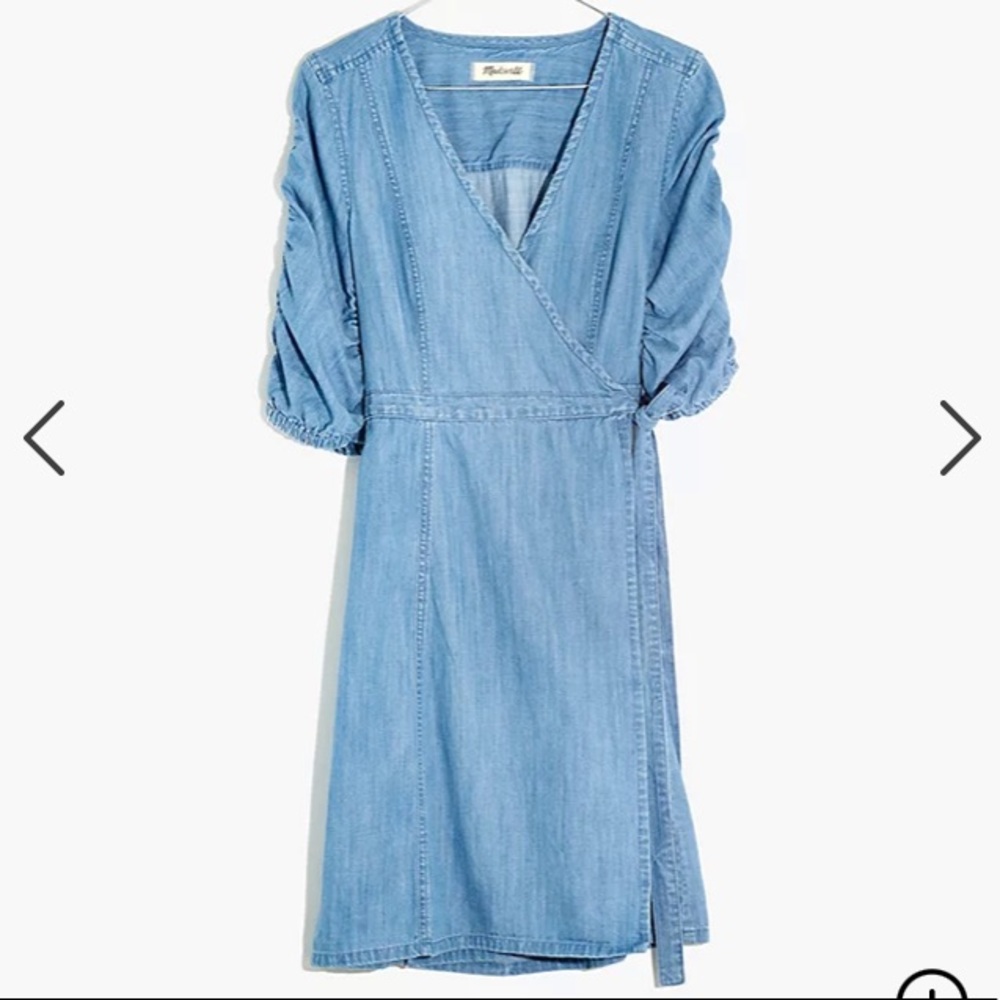 Denim Shirred-Sleeve Wrap Dress in Elsworth Wash